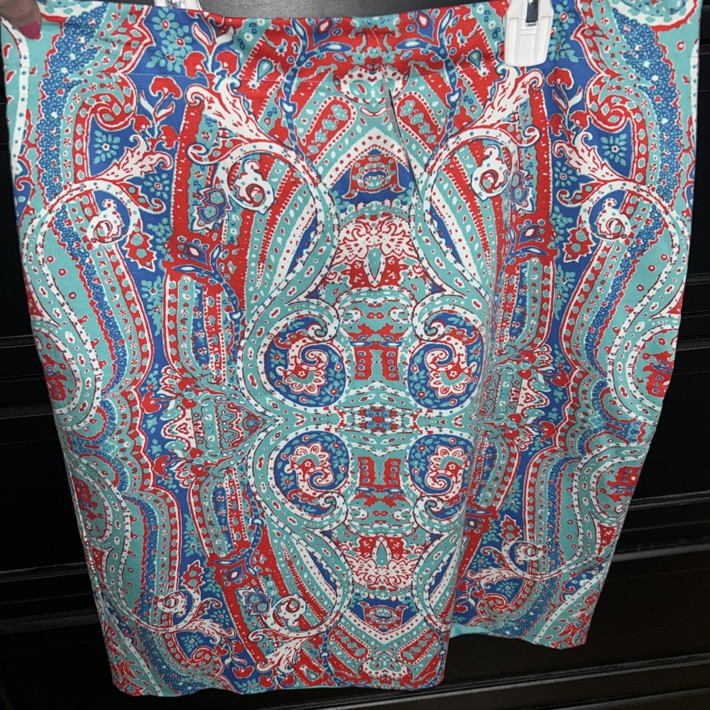 Jones New York Size 10 Pencil Skirt Knee Length Aqua Blue Red Paisley - Picture 5 of 8